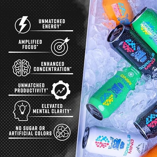 Gorilla Mind Energy Drink | Unmatched Energy · Amplified Focus | N-Acetyl-L-Tyrosine, Alpha-GPC, 200mg Caffeine, Uridine, Saffron | 0 Sugar Or Artificial Colors | 16oz | 12-Pack (Variety Pack #2) thumbnail 3