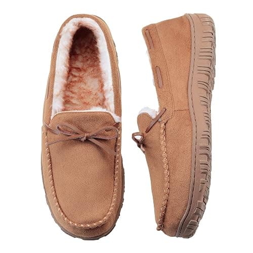 VLLy Mens Moccasin Slippers with Memory Foam Arch Support, Non Slip Rubber Sole House Shoes for Men Machine Washable Warm Fleece Lined Indoor Outdoor Home Shoes - Image 1