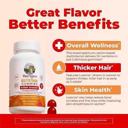 MaryRuth's Multivitamin + Hair Growth Gummies | with Lustriva® | Biotin 10000mcg | B Vitamins | Formulated for Thicker Hair, Wrinkles, Fine Lines, Skin Care | Ages 18+ | 30 Servings thumbnail 4