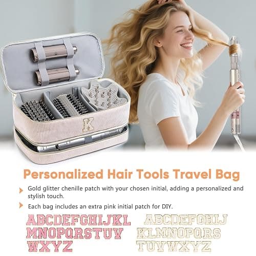 ELCUPA Initial Personalized Hair Tools Travel Bag Double-Layer Hair Dryer Case Compatible with Shark FlexStyle/SmoothStyle, Dysson Airwrap & Supersonic – Hair Tool Organizer for Travel & Home thumbnail 2