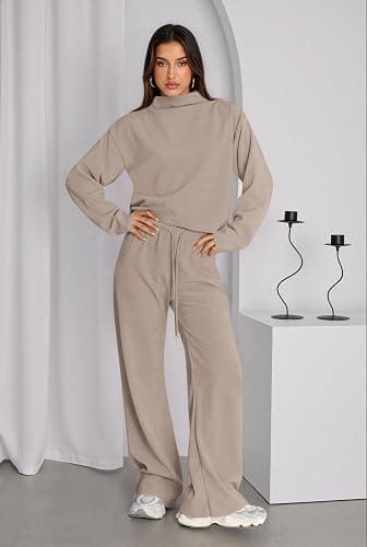 PRETTYGARDEN Two Piece Sets for Women Fall Sweatsuit Long Sleeve Knit Mock Neck Tops Wide Leg Pants Lounge Set Travel Outfits thumbnail 3