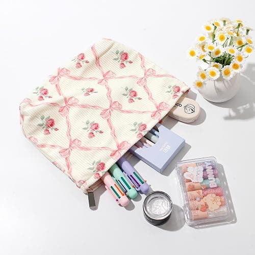 Cosmetic Bags for Women - Corduroy Cosmetic Bag Aesthetic Women Handbags Purses Smile Dots Makeup Organizer Storage Makeup Bag Girls Case Bags (Flowers-Apis) thumbnail 4