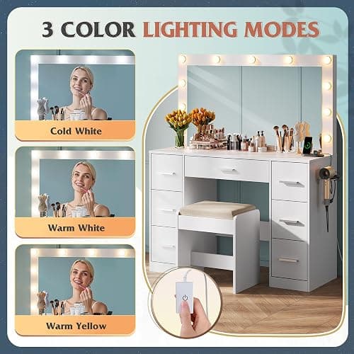 WLIVE White Vanity Desk with Large Mirror and Lights, Makeup Table w/7 Drawers & Power Outlets, Modern Vanity Table Set with Chair, Dressing Table for Bedroom Dressing Room Girl thumbnail 6