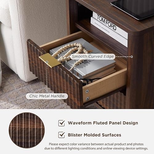 T4TREAM Fluted Nightstand with Charging Station, 18" Modern Side Table, 2 Drawers End Table with Storage, Bedside Table for Bedroom, Living Room, Curved Profile Design, Dark Walnut thumbnail 5