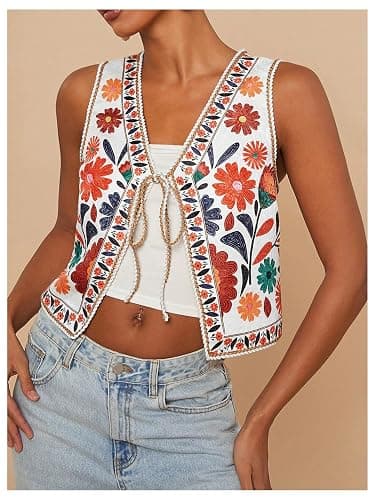 GORGLITTER Women's Tie Front Vest Top Country Concert Western Cowgirl Outfit Floral Vest thumbnail 5