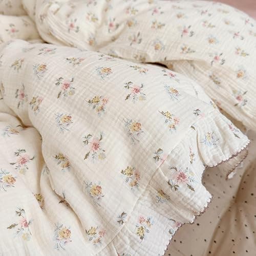 BuLuTu Muslin Cotton Toddler Duvet Cover Soft Double Layers Gauze Bedding Duvet Covers for Toddler Girls Kids Quilt Cover, 47"x59", Azalea Print (No Pillow Cases) thumbnail 6