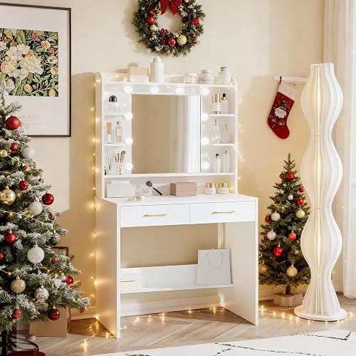 Hzuaneri Dressing Table with Mirror and Led Light, Vanity Desk with Adjustable Brightness, Vanity Table with Shelves and 2 Drawers, for Bedroom, Living Room, 40 x 80 x 149 cm, White DT08203XV1UK thumbnail 3