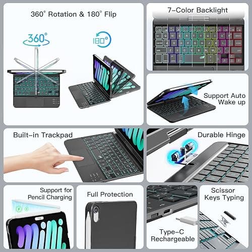 RAYMCRAFT Keyboard Case for iPad mini 7 A17 Pro(2024) & Mini 6 (2021) 8.3", 360° Rotate Case for iPad mini 7th/6th Generation, 7 Colors Backlit Keyboard with Trackpad, Type-C Rechargeable, Black thumbnail 3