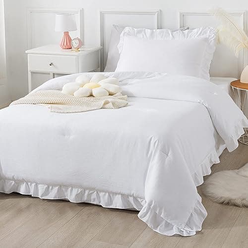 Andency White Comforter Twin Size, 2 Pieces Solid Farmhouse Shabby Chic Ruffle Bedding Comforters & Sets, All Season Soft Lightweight Fluffy Bed Set for Kids Girls Teens - White - Twin - Image 1