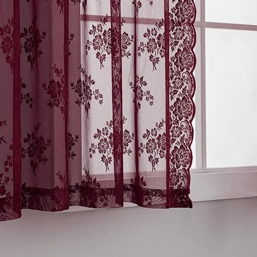 Kotile Burgundy Lace Curtains Short 30 Inch Length 2 Panels Cottagecore Floral Maroon Sheer Kitchen Curtains Over Sink, Rod Pocket Privacy Light Filtering Window Lace Cafe Curtain, 42 x 30 Inch thumbnail 4