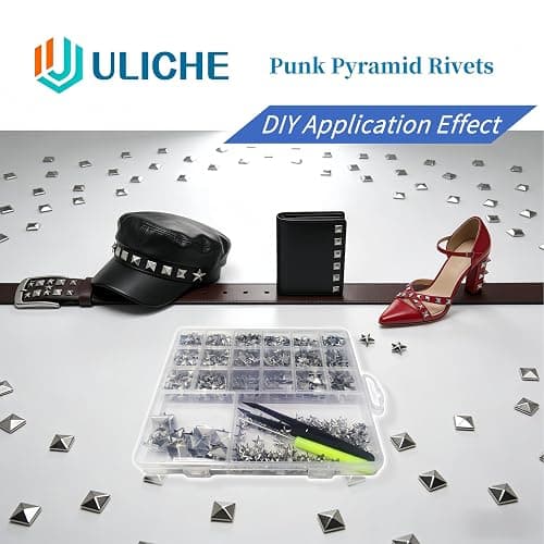 Uliche 820 Pcs Square Pyramid&Star Four-jaw Studs for Clothing,Punk Rivet Kit,Spikes and Studs for Leathercraft Accessories,DIY Craft Decoration for Punk Style Clothes Belts Bags Shoes Dog Collar thumbnail 5