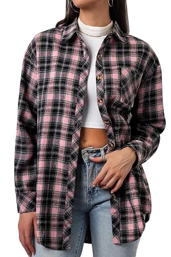 CHYRII Womens Button Down Flannel Shirts Long Sleeve Plaid Shackets Business Casual Blouse Top thumbnail 5