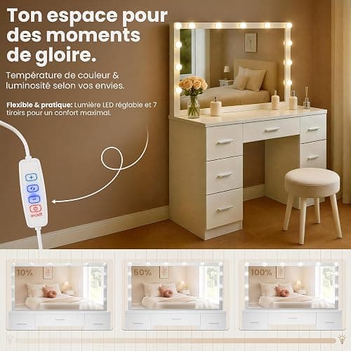 CLP Coiffeuse avec éclairage et Miroir 110x55 cm Ginny, Miroir Hollywood à LED dimmable avec 3 Couleurs de lumière, avec tiroirs, Couleur:Blanc thumbnail 4