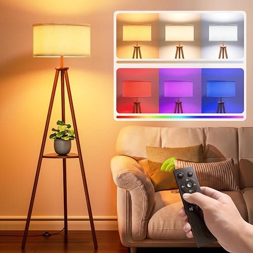 JACKYLED Tripod Floor Lamp with Shelves Mid Century Modern for Living Room | 3 Color Temperatures & RGB, Remote Control & Foot Switch, E26 Base, Bedroom, Reading Corner, Office, Party, LED Bulb Include - Image 1