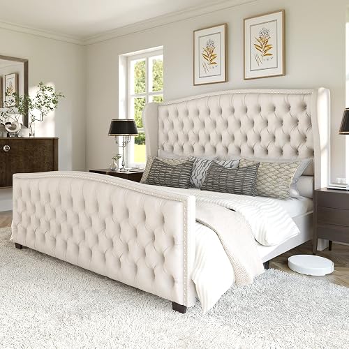 AMERLIFE Queen Size Platform Bed Frame, Velvet Upholstered Bed with Deep Button Tufted & Nailhead Trim Wingback Headboard/No Box Spring Needed/Cream - Image 1