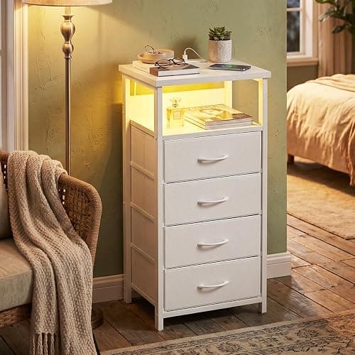 Fixwal Night Stand with Charging Station, White Led Nightstand, 4 Drawers | fabric drawer, built-in bedside charger, 2 AC outlets & 2 USB ports, open top shelf, bedroom furniture, end table thumbnail 2