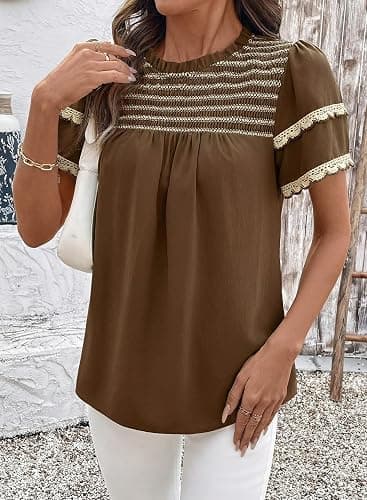 Dokotoo Womens Summer Smocked Tops Crewneck Short Ruffle Sleeve Blouses | Flowy Boho Clothes,Stylish Lace Trim,Summer Outfits,Striped,Casual Layered Sleeve,Babydoll Shirts,Texture,Back Keyhole thumbnail 6
