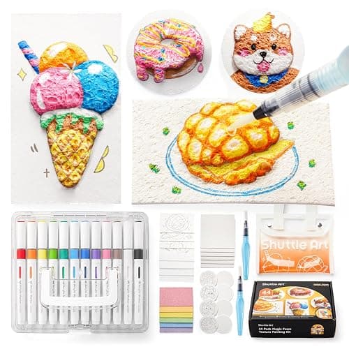 Shuttle Art 44 Pcs Magic Foam Texture Painting Kit, Including 28 Pcs Foam Texture Paper, 12 Colors Brush Tip Acrylic Paint Markers, Magical 3D Effect Texture Painting Kit - Image 1