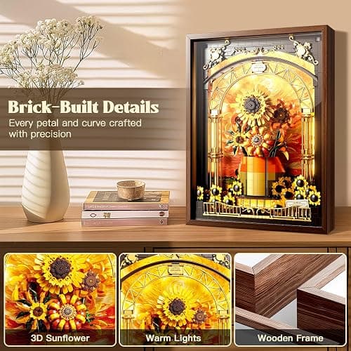 Flowers Sunflower Building Set for Adults 1218PCS with Smart Motion Sensor Lights Wall Art Home Decor Frame 2-in-1 Standing Display Lego Compatible Creative Botanical Gift for 14+ Women Men thumbnail 6
