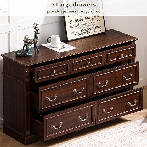 3 Pieces Farmhouse Dresser Nightstand Sets Chest of Drawers for Bedroom | 7-Drawer 55" W Dresser & 3-Drawer Nightstand Sets Rustic Wood Bedroom Furniture Set for Home Hallway Dark Brown thumbnail 4