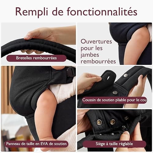 Momcozy Porte Bebe Ergonomique 100% Coton, Noir, 3–24 Mois, 3,2–20 kg | Porte-bébé physiologique, position M, tour de taille réglable de 64 à 127 cm, soutien dorsal en X et ceinture lombaire en EVA thumbnail 4