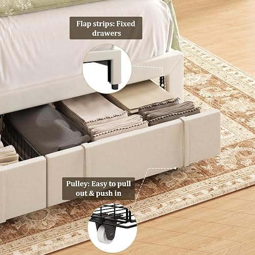 viplov Queen Bed Frame with Storage Drawers, Upholstered Queen Size Platform Bed with 47" Tall Headboard and Wingboard, No Box Spring Needed, Noise Free, Easy Assembly, Wooden Support Slats, Beige thumbnail 5