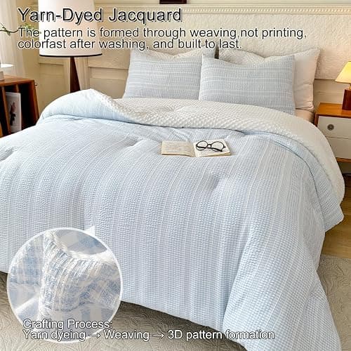 tohrisa Boho Comforter Set Full Size - 3 Pieces Lightweight Jacquard Seersucker Bedding Sets (1 Soft Fluffy Grid Comforter & 2 Pillowcases) - All Seasons Cozy Modern Bed Set(80"x90" Sky Blue) thumbnail 2