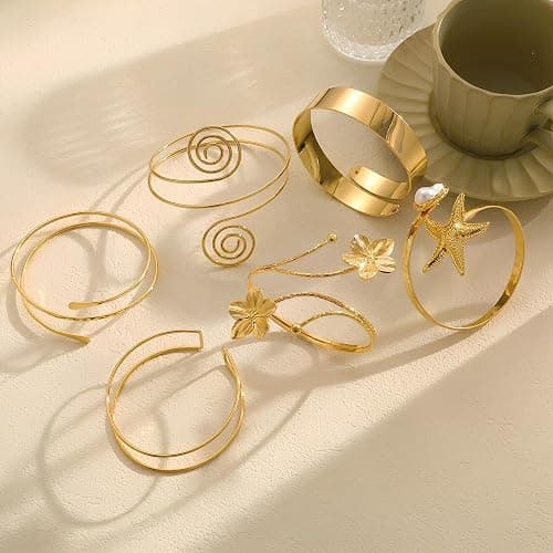 17KM 6PCS Gold Arm Cuff Bracelets for Women, Boho Statement Gold Upper Arm Bangle Band Armlet, Open Adjustable Cuff Bracelet set Stackable Jewelry thumbnail 6
