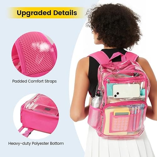 Vorspack Clear Backpack Heavy Duty - Large Transparent Bookbag for Adults, See Through Backpack for College, Work, Travel - Pink thumbnail 5