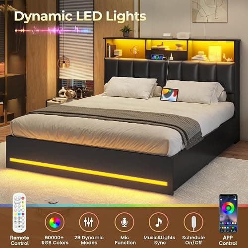 VIAGDO Queen Bed Frame with Bookcase Headboard, Wooden Bed Frame Queen Size with Charging Station, 4 Storage Drawers and LED Lights, with Type-C and USB, No Box Spring Needed, Black thumbnail 5