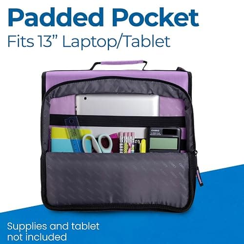 Case-it Universal Zipper Binder | 2-Inch O-Rings, 13-Inch Laptop/Tablet Padded Pocket, 400 Sheet Capacity, Multiple Storage Pockets & Shoulder Strap | School & Office Organizer | LT-007 Lavender thumbnail 6
