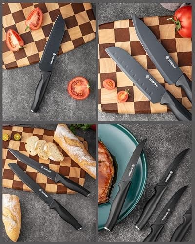 Knife Set, KUNYUAN 15 pieces Knife Sets for Kitchen,High Carbon German Stainless Steel Knife Block Set with Built in Sharpener Block,Dishwasher Safe Kitchen Knife Set, Black thumbnail 5