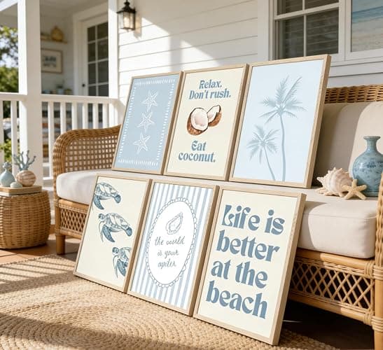 6Pcs Coastal Beach Poster Wall Art,Blue Preppy Beach Painting Picture Wall Decor,Sea Turtle Starfish Palm Tree Canvas Print Artwork for Bathroom,Bedroom,Living Room,Beach House Home Decor Unframed thumbnail 3