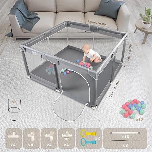 CHOLY Baby Playpen for Babies and Toddlers, Durable Play Pen with Visible Breathable Mesh, Foam Protection, Easy to Assemble Infant Fence -128 ×128cm (Light Grey, 128 x 128cm) thumbnail 2