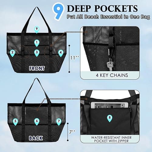 Fammart Mesh Beach Bag, Large Beach Tote with Zipper Pocket, Toys Pool Bag for Family Travel Vacation Cruise Essentials thumbnail 5
