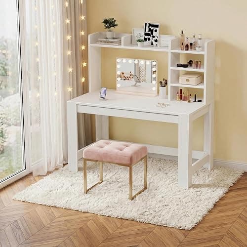 WINAZ 43" White Student Desk with Hutch and Built-in Power Outlet | Computer Writing Desk with Storage Shelves for Small Space, Modern Home Office Workstation for Bedroom Dorm thumbnail 5