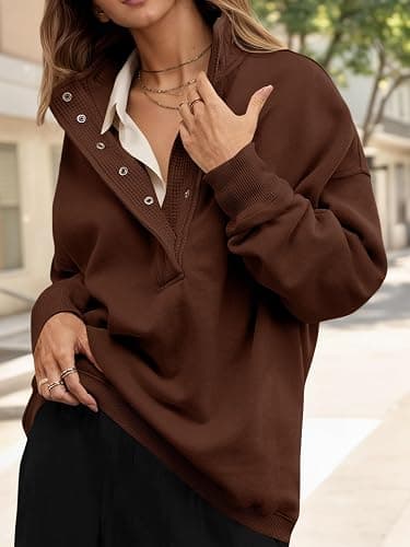 Fisoew Womens Oversized Sweatshirt Casual Snap Stand Collar Long Sleeve Pullover Tops Fall Travel Outfits thumbnail 2