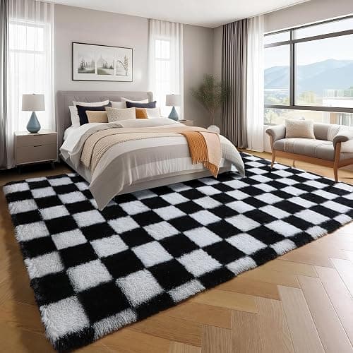 KICMOR Area Rugs for Bedroom Living Room, 4x6 Black and White Fluffy Soft Checkered Rug Fuzzy Shag Shaggy Carpet, Indoor Plush Floor Rugs for Kids Boys Girls Teen Dorm Nursery Home Decor Aesthetic thumbnail 3