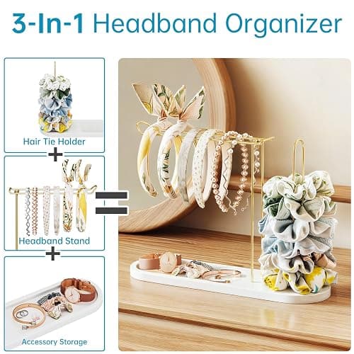 NiHome Headband Holder with Solid Pine Wood Base and Metal Rack, Large Capacity Hair Accessory Organizer for Headbands, Scrunchies, Bracelets, Watches, Glasses, Space-Saving Design for Vanity, Dresser thumbnail 7