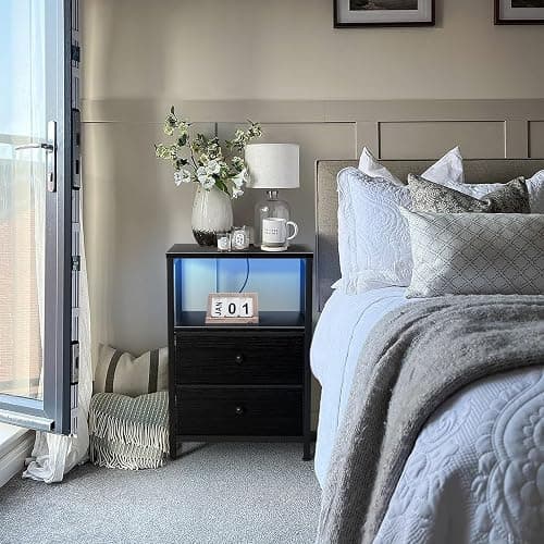 BOLUO Black Nightstand with Charging Station, LED Night Stand with 2 Fabric Drawers, Bedside Table with USB Ports and Outlets, Nightstand for Bedroom Modern thumbnail 7