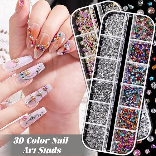 Nail Charms and Gems, Charms for Nails Design Kit with 10 Boxes 3D Nail Charms Colorful Clear Flatback Rhinestones Pearls,Diamonds,Picker Tools,Rhinestone Stickers thumbnail 4