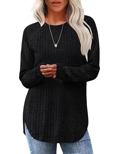 Saloogoe Long Sleeve Shirts for Women 2025 Fall Clothes Tunic Tops Loose Fit Dressy Crewneck Pullover Sweaters Curved Hem - Image 1