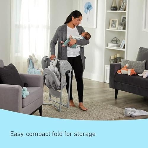 Graco Slim Spaces Compact Baby Swing, Space Saving Portable Bay Swing with Height Adjustable Legs & Soft Toys, Reign thumbnail 3