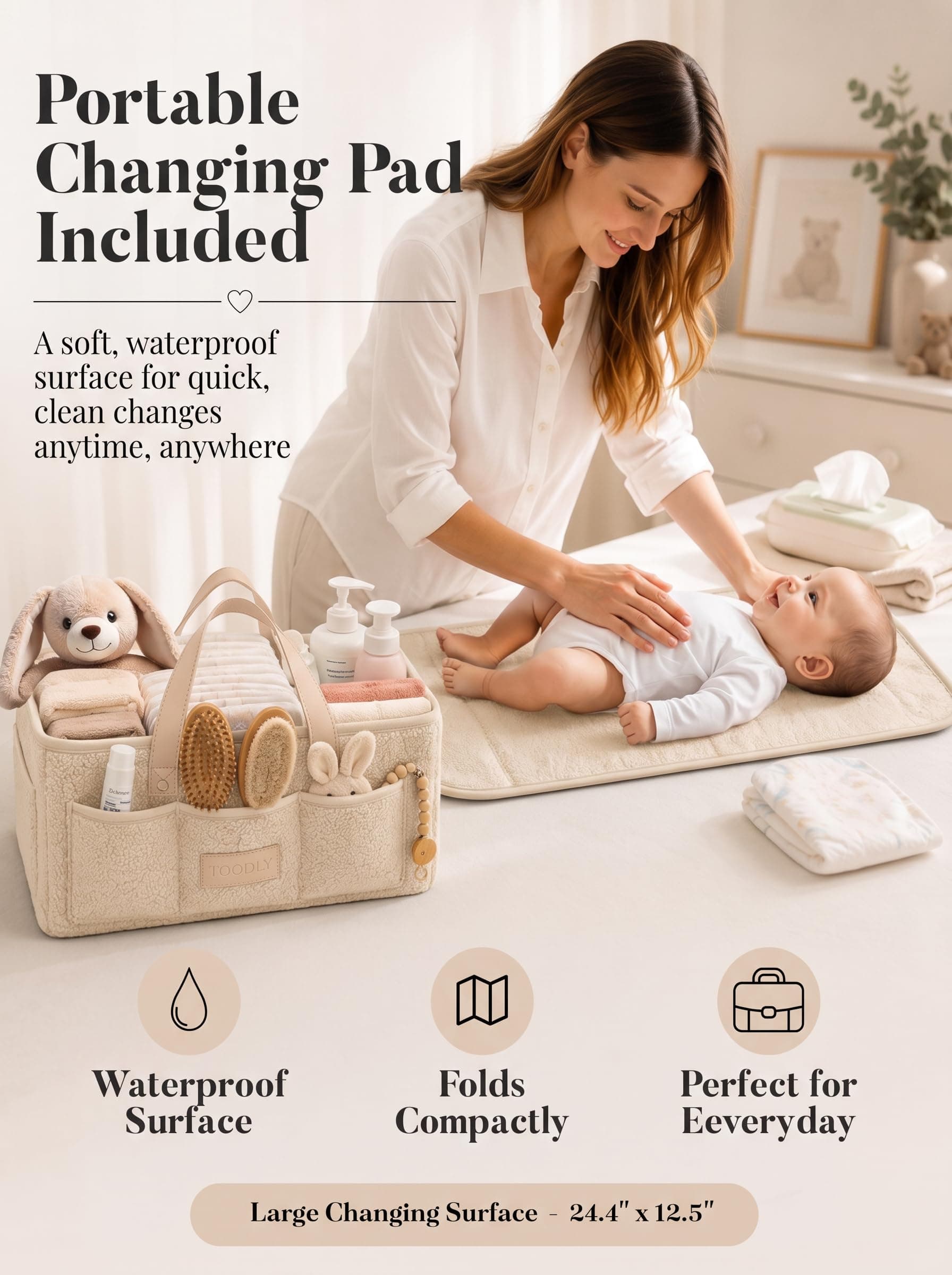 Baby Diaper Caddy Organizer with Portable Changing Mat - Teddy Fleece Diaper Organizer for Changing Table - Baby Basket for Diaper Changing Essentials - Baby Caddy Organizer with Removable Dividers thumbnail 4