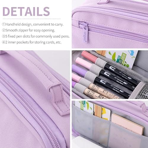 EASTHILL Large Capacity Pencil Case Pen Pouch Organizer Canvas Pencil Bag with Handle School Supplies for Teen Girls-Purple thumbnail 5