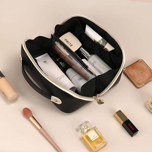 Prite Makeup Bag for Women Travel Waterproof Vegan Leather Cosmetic Bag Open Flat Toiletry Bag With Clear Divider and Handle (Black) - Black - Medium thumbnail 9