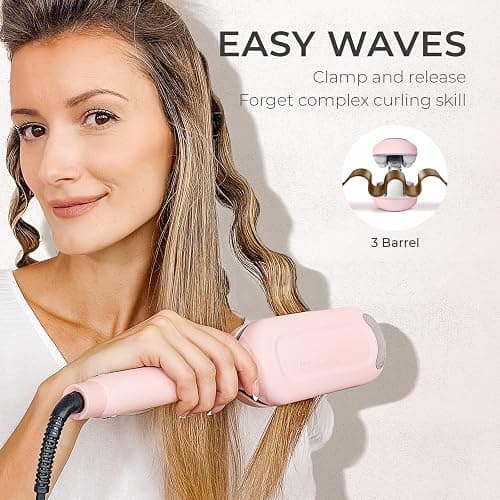 Curling Iron Hair Crimper Waver - TYMO ROVY Beach Waves Curling Wand, Ionic Deep Waver Hair Curler Tool with Ceramic 3 Barrel for Women, Dual Voltage, Anti-Scald, Easy to Use, Pink, 1.25 Inch thumbnail 2