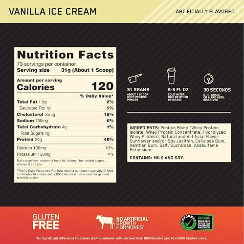 Optimum Nutrition Gold Standard 100% Whey Protein Powder, Vanilla Ice Cream, 5 Pound (Packaging May Vary) thumbnail 3