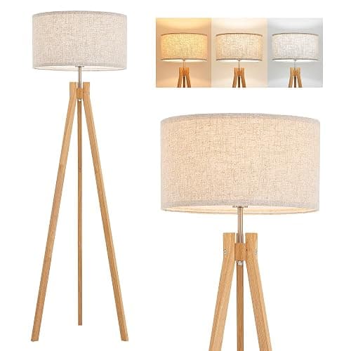 ELYONA Nordic Wood Tripod Floor Lamp, Modern Reading Standing Lamp for Living Room 3 Color Temperatures LED Bulb Included Flaxen Lamp Shade, Boho Natural Wooden floor lamp for Bedroom Office Kids Room thumbnail 8