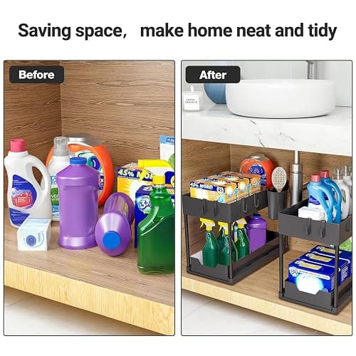 Puricon Lot de 1 Rangement sous Évier à 2 Étages, Organisateur Cuisine avec Tiroirs Amovibles, Rangement Coulissant sous Évier, Organisateur Placard, Étagère, Panier Coulissant pour Cuisine -Noir thumbnail 4